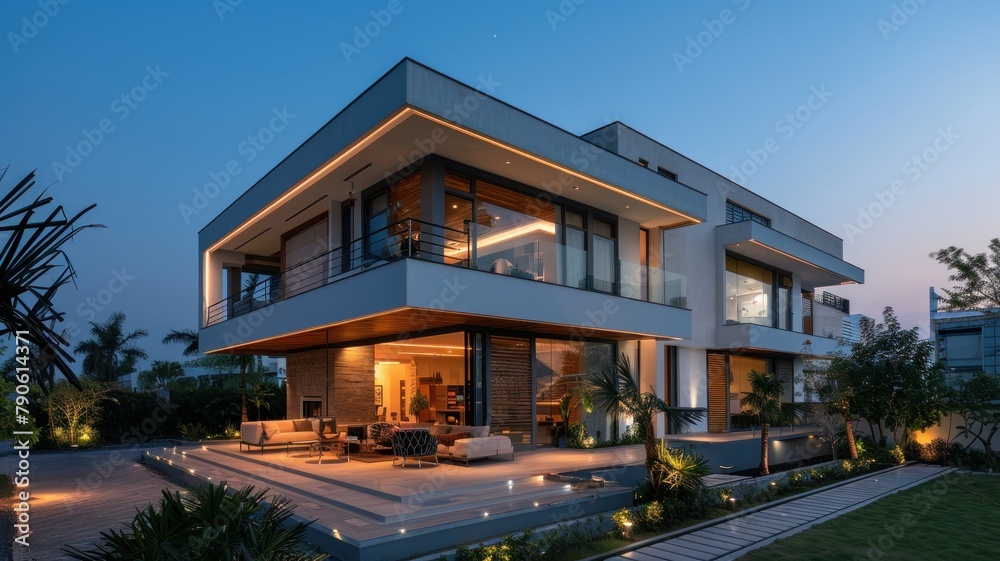 Exterior view of multiple modern house. Architecture 3d rendering of minimal modern house with natural landscape.  Perspective of modern House background.
