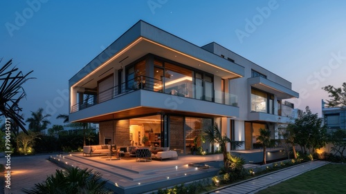 Exterior view of multiple modern house. Architecture 3d rendering of minimal modern house with natural landscape.  Perspective of modern House background. © Pha