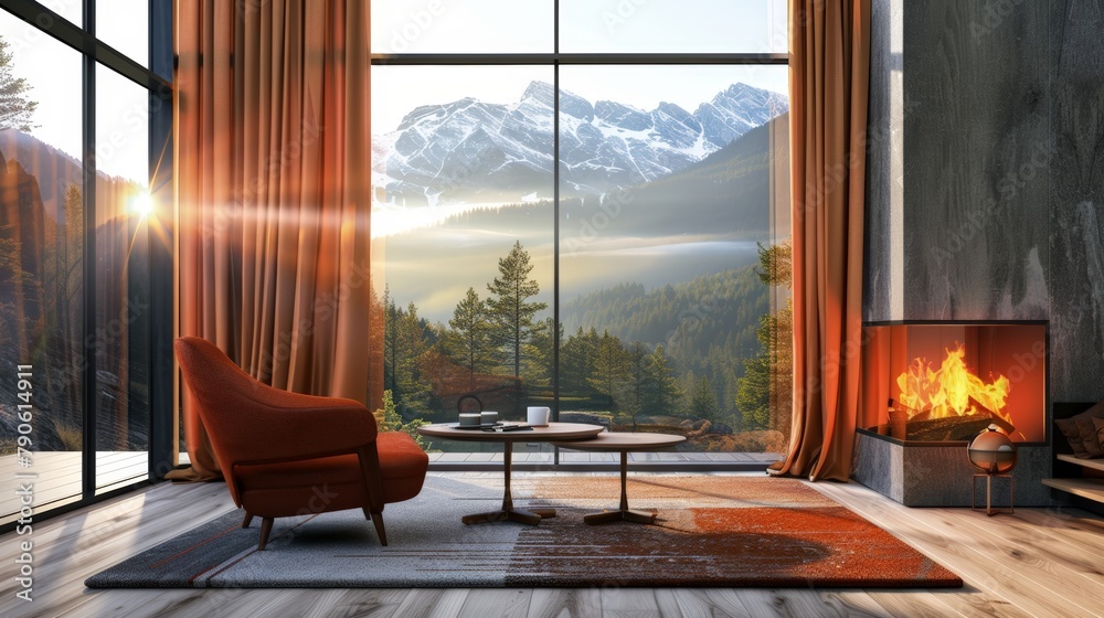 Modern and luxurious hotel room view of the mountains and forest at dawn.