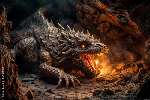 a fantasy dragon in a cave with fire.