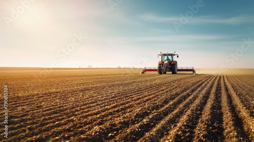 A modern tractor plows through an expansive agricultural field, preparing the soil for a new planting season under a clear sky. AIG41 photo