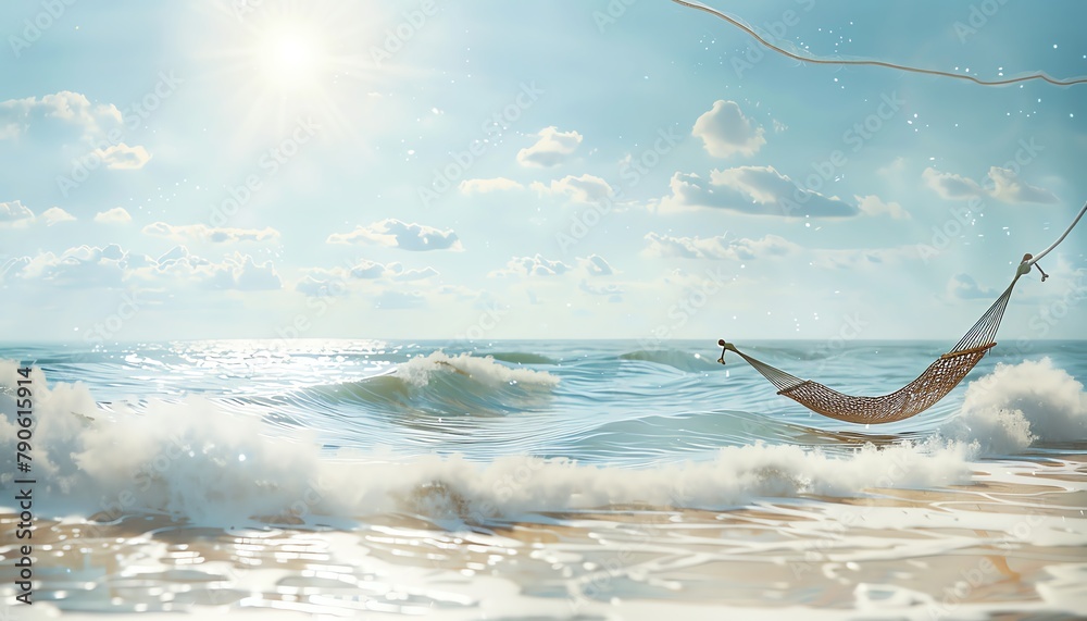 Capture the peaceful essence of a serene beach scene in watercolor, with gentle waves, a warm sun, and a hammock swaying in the breeze