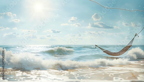 Capture the peaceful essence of a serene beach scene in watercolor, with gentle waves, a warm sun, and a hammock swaying in the breeze © NeeArtwork
