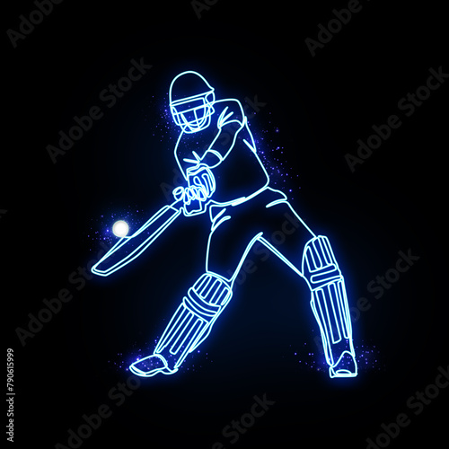 Cricket player neon vector art green, blue, red. Cricket batsman neon art. Cricket Batsman, Neon light effect, full black background.