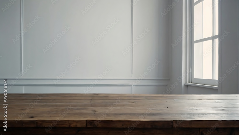 Empty wooden table with beautiful Minimal studio white room background, photorealistic Empty wooden table with beautiful Minimal studio white room background, photorealistic