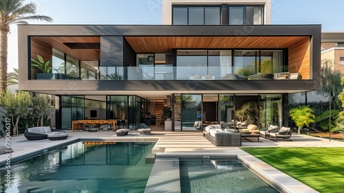 A modern luxury home with large glass windows and wood vertical on the black exterior walls. The pool side courtyard features outdoor seating area and a lush green lawn. Generative AI.