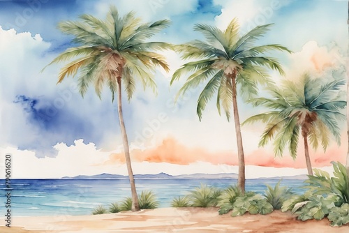 Watercolor palm beach wallpaper, Beach Watercolor Landscape Background, Watercolor palm island Scenery Wallpaper, Watercolor painting Summer Beach landscape, AI Generative © Forhadx5