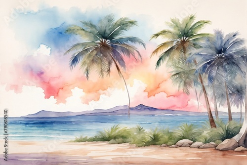 Watercolor palm beach wallpaper, Beach Watercolor Landscape Background, Watercolor palm island Scenery Wallpaper, Watercolor painting Summer Beach landscape, AI Generative