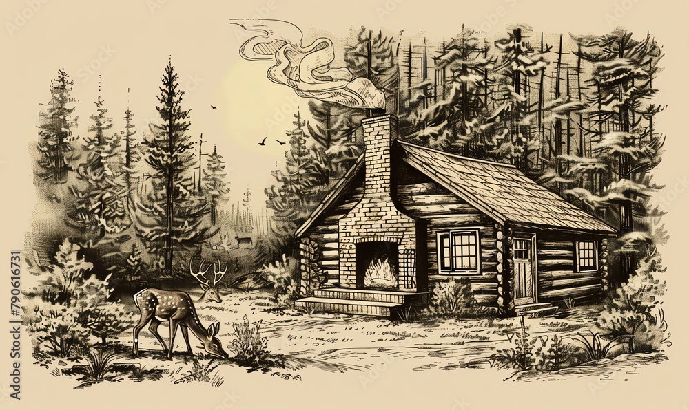 Obraz premium Illustrate a cozy cabin nestled in a forest clearing using pen and ink, showcasing a crackling fireplace, soft earth tones, and a deer grazing nearby