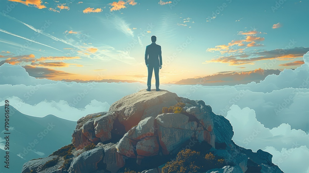 Obraz premium Rear view. Successful Business man standing on the top of the mountain looking at the view. Business success concept. illustration style. Generative AI.