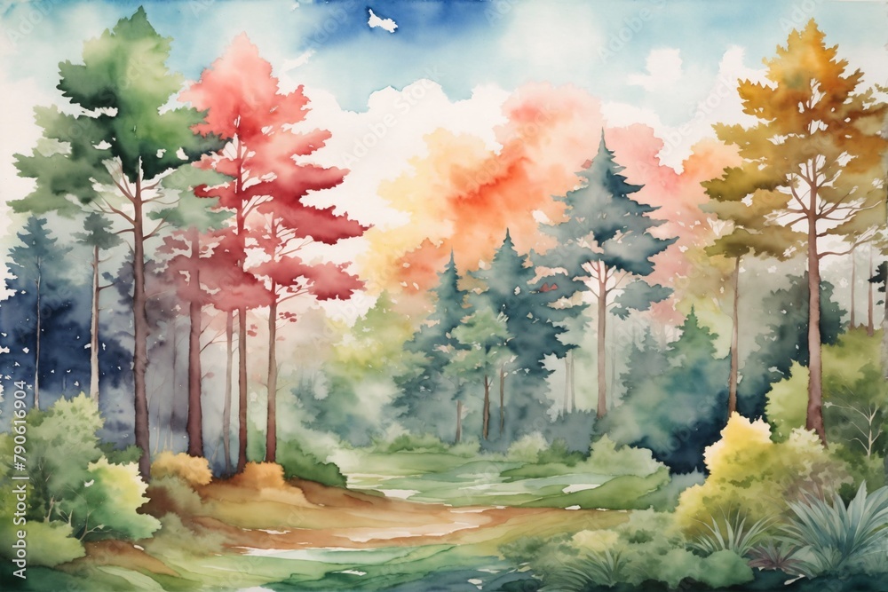 Forest Watercolor Landscape Background, Watercolor Forest Background, Watercolor Forest Wallpaper, Watercolor Forest Scenery Landscape, Watercolor Nature Landscape, AI Generative
