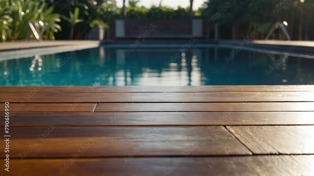 Empty wooden table with beautiful swimming pool background, photorealistic	