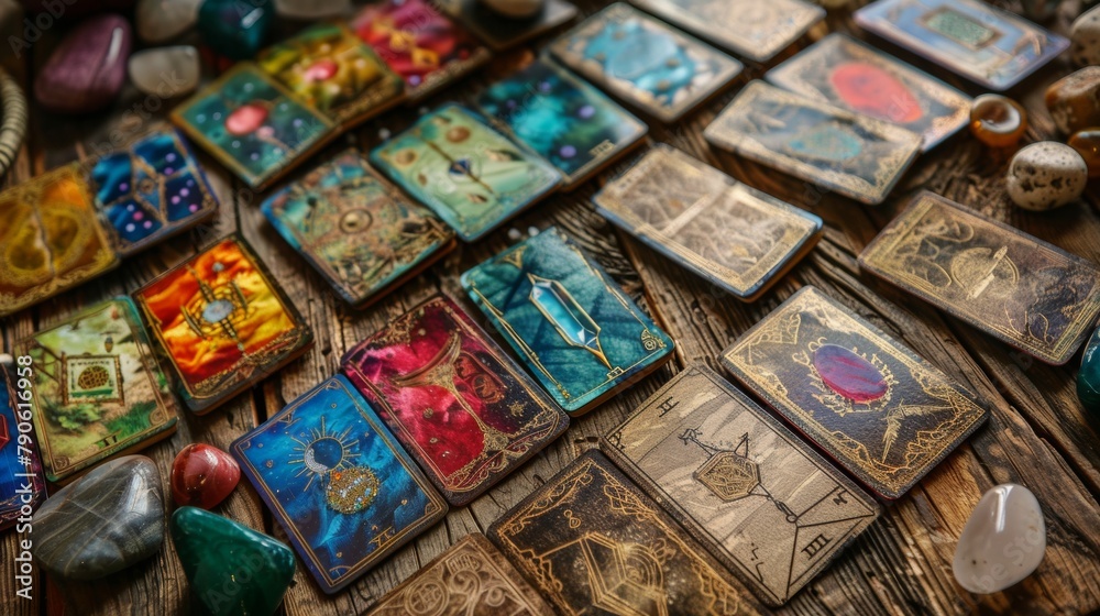 Tarot Cards and Crystals on Wooden Table for Mystical Reading.