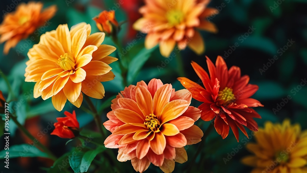 Summer Garden Blossoms: A vibrant field of marigolds, daisies, and calendulas bloom in bright shades of orange and yellow, creating a stunning floral display in nature's garden