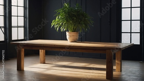 Empty wooden table with beautiful Minimal studio white room background, photorealistic, monstera plant