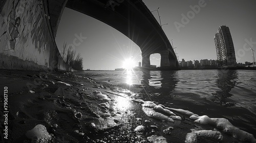 Dramatic black and white fisheye photo of an urban bridge at dusk