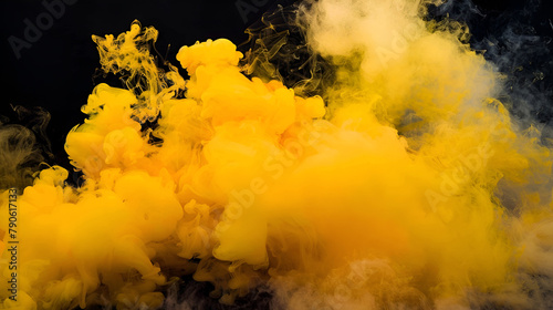 Yellow smoke isolated black background ,Flowing clouds in the sky , Motion , Abstract toxic clouds of yellow color ,Yellow steam on a black background