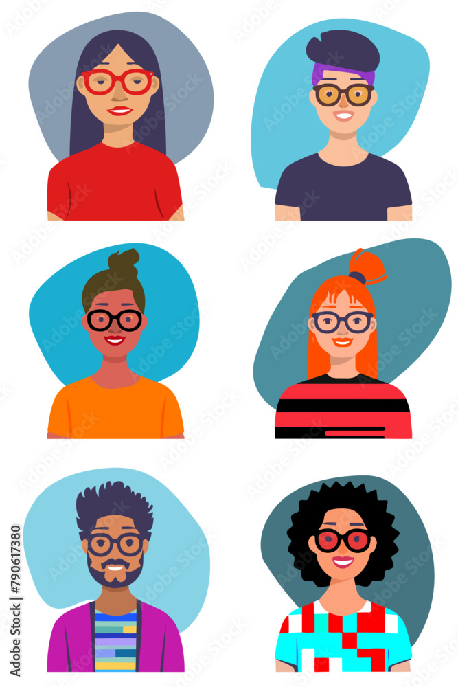 Fototapeta premium Retrato de Grupo de personas diferentes razas en vertical. Vector de personas diferentes con gafas y colores llamativos. Set iconos de personas