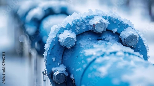 Guarding Pipes in Winter's Grip: A Minimalist's Approach. Concept Winter Landscapes, Minimalist Photography, Industrial Elements, Urban Exploration, Subzero Survival photo