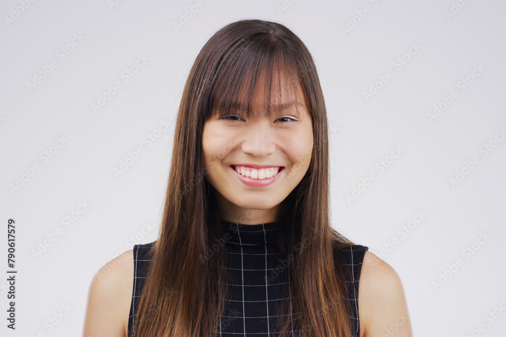 Studio, portrait and Asian woman for beauty, haircare and cosmetic treatment on white background. Face, smile and hairstyle for salon keratin for female model, straight haircut and confidence Studio, portrait and Asian woman for beauty, haircare and cosmetic treatment on white background. Face, smile and hairstyle for salon keratin for female model, straight haircut and confidence