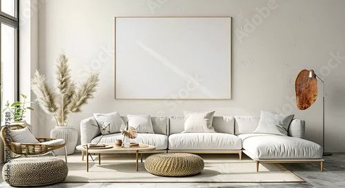 mock up poster frame in modern interior background, living room, Contemporary style, 3D render, 3D illustration photo