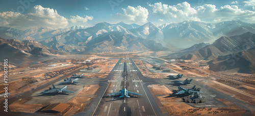 A huge air force base with a variety of fighter jets, military vehicles, military camps, surrounded by mountains. Aerial high view. Generative AI.