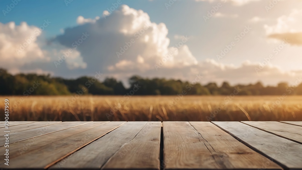 Empty wooden table with beautiful blur background, photorealistic