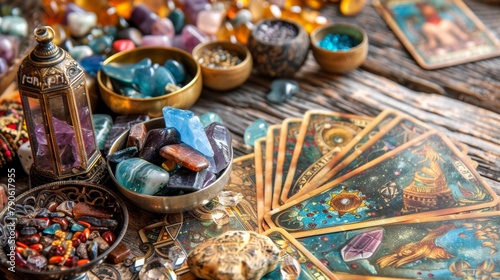 Tarot Cards and Crystals on Wooden Table for Mystical Reading. © Juan