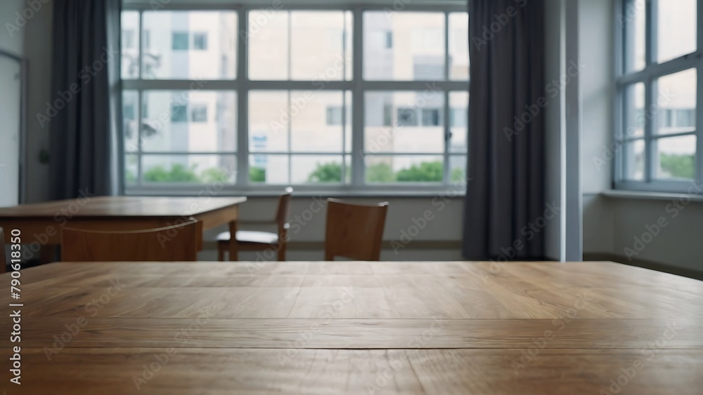 Empty wooden table top and blur bokeh Hospital interior background in clean and bright, studio warm light Empty wooden table top and blur bokeh Hospital interior background in clean and bright, studio warm light