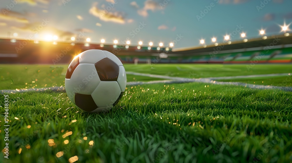 Obraz premium Sunset at the soccer field with a close-up on a football. Serene sports backdrop. Perfect for team sport and competition themes. Lush green turf in stadium. AI