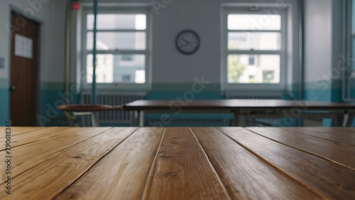 Empty wooden table top and blur bokeh Hospital interior background in clean and bright, studio warm light