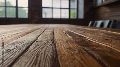 Empty wooden table top and blur bokeh wood room interior background in clean and bright, studio warm light	
