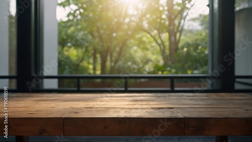 Empty wooden table with beautiful background  photorealistic