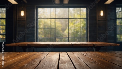 Empty wooden table top and blur bokeh wood room interior background in clean and bright, studio warm light 