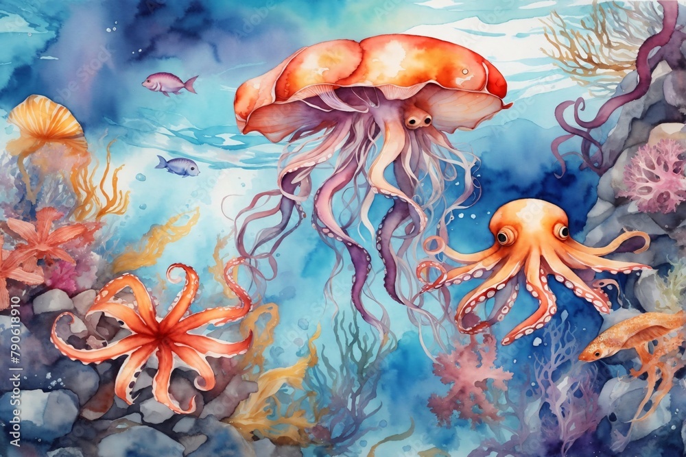 Watercolor Under Water Landscape, Under The Sea Watercolor Landscape ...