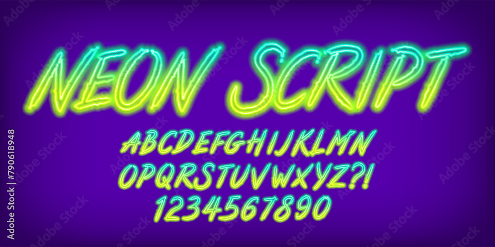 Neon Script alphabet font. Glowing neon script letters and numbers. Stock vector typescript for your design.