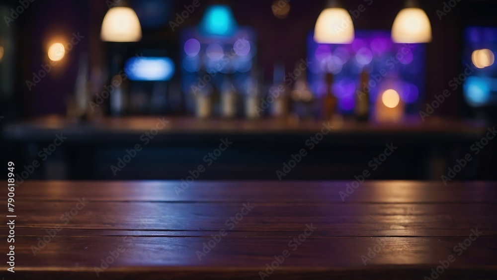 Empty wooden table top and blur bokeh modern Nightclub background in clean and bright, studio warm light