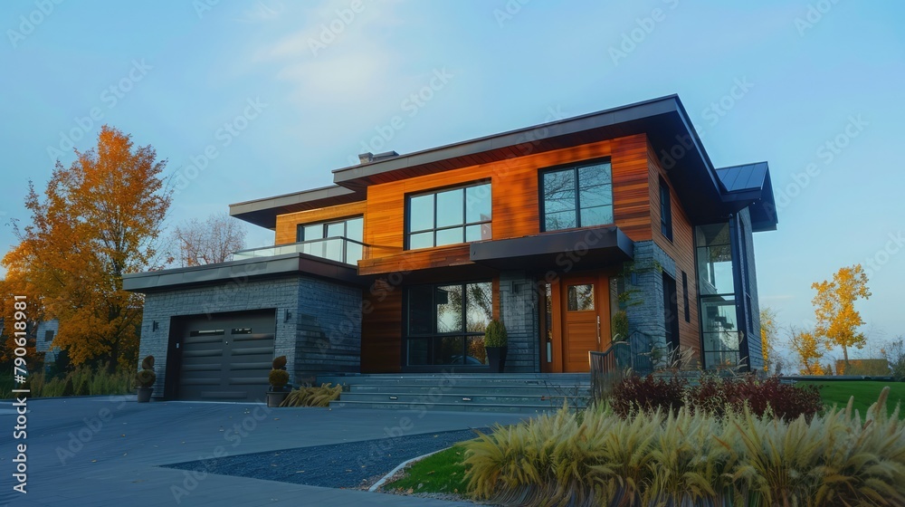 house in the Northeast, modern with wood houses, up close, high end, nice skies, ultra realistic full-length photo 4k --ar 16:9 