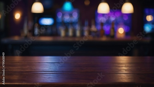 Empty wooden table top and blur bokeh modern Nightclub background in clean and bright, studio warm light © VFX1988