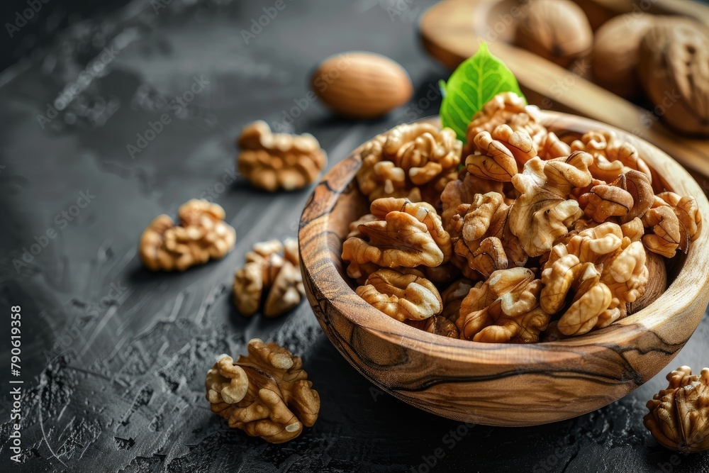 A wooden bowl filled with rich, whole pecan nuts sits atop a textured surface, offering a healthy, tasty snack option. A wooden bowl filled with rich, whole pecan nuts sits atop a textured surface, offering a healthy, tasty snack option.