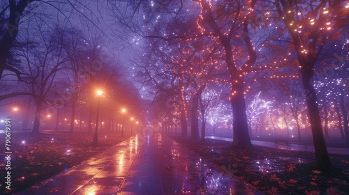 Enchanted night-time city park embellished with glowing Christmas lights and mist