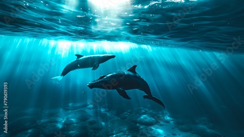 Underwater Elegance: Two Dolphins Swimming Gracefully. Mesmerizing Marine Life Captured in Sun-Kissed Waters. Ideal for Nature and Wildlife Projects. AI