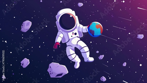 A cartoon space astronaut surrounded by stars while flying in space and the background is dark purple.