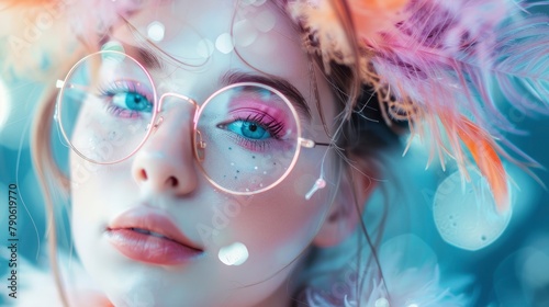 The young lady had blue eyes, light reflections on her face, pink and orange feathers in her hair, and circular glasses.. photo