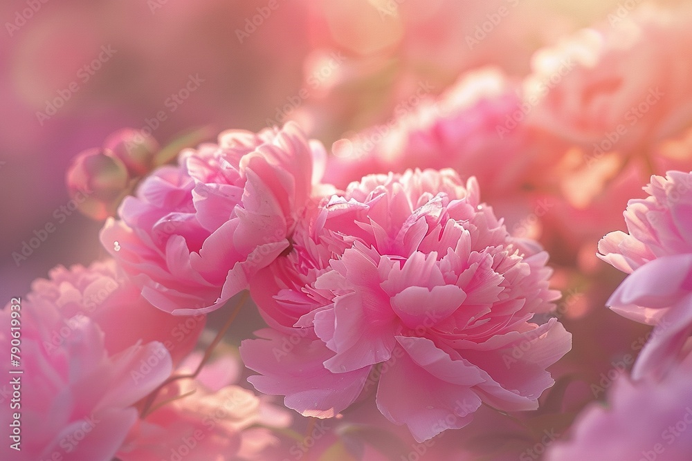 A close-up of vibrant pink peonies, symbolizing prosperity and romance, nestled in a sunlit English garden A close-up of vibrant pink peonies, symbolizing prosperity and romance, nestled in a sunlit English garden