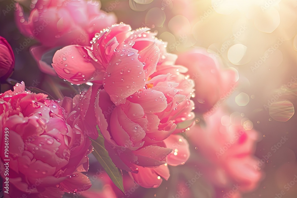 A close-up of vibrant pink peonies, symbolizing prosperity and romance, nestled in a sunlit English garden A close-up of vibrant pink peonies, symbolizing prosperity and romance, nestled in a sunlit English garden