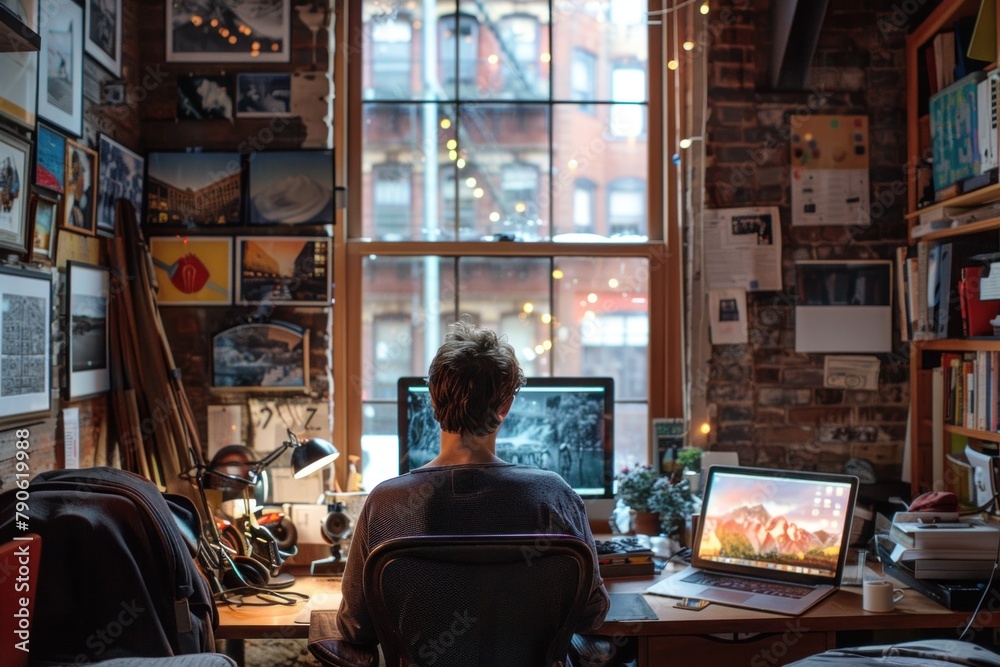In the midst of urban allure, a sleek professional focuses on his computer screen, illustrating the modern interpretation of productivity in his loft sanctuary.
