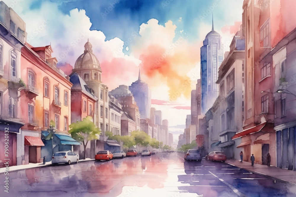 City Watercolor Landscape Background, Watercolor City Road and Buildings Scenery Wallpaper, watercolor painting of City, Beautiful City Wallpaper, City Painting, AI Generative