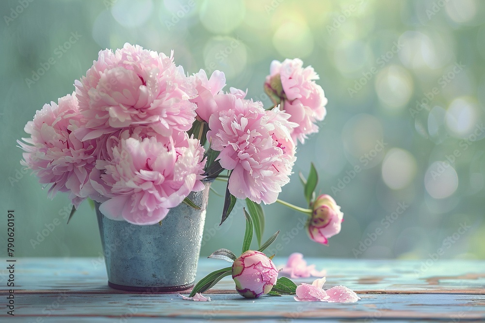 A close-up photograph of soft pink peonies arranged in a rustic metal vase, on a distressed wood table A close-up photograph of soft pink peonies arranged in a rustic metal vase, on a distressed wood table