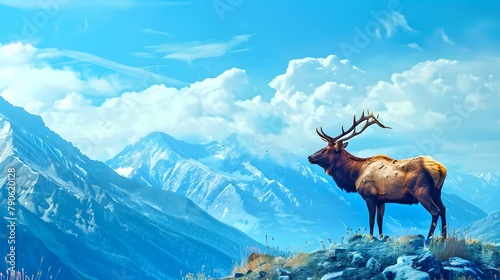 Majestic Elk Stands on a Cliff Overlooking Snow-Capped Mountains. Pristine Wilderness Scene. Wildlife and Nature Conceptual Image. AI © Irina Ukrainets